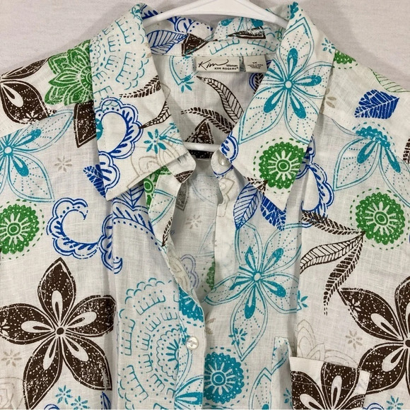 Kim Rogers Floral 100% Linen Short Sleeve Button Down 1X - Picture 5 of 9